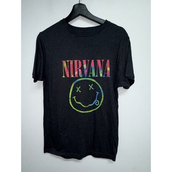 Nirvana Shirt Adult Size Large Charcoal Gray Heather Tie Dye Smiley Short Sleeve - Picture 1 of 4